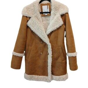 NVLT Tan Beige Women's Shearling Double Breasted Long Coat US Large Vegan Faux